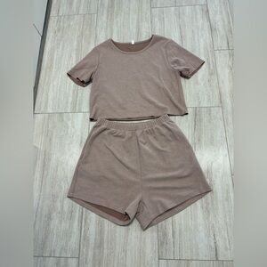 Wishlist Women’s Beige Knit 2 Piece T Shirt Shorts Matching Set Sz S